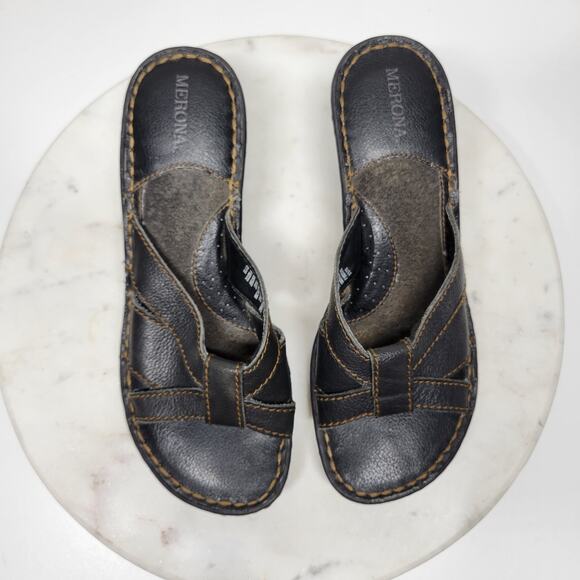 Merona Leather Wedge Sandals Womens 8 Black Stitching Slip on Mules Slides Y2k - Picture 15 of 15